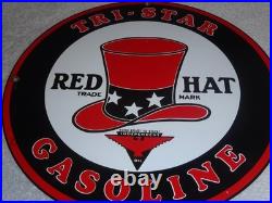 VINTAGE INDEPENDENT OIL & RED HAT GASOLINE With BIRD 11 1/4 PORCELAIN METAL SIGN