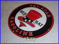 VINTAGE INDEPENDENT OIL & RED HAT GASOLINE With BIRD 11 1/4 PORCELAIN METAL SIGN