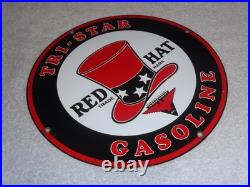 VINTAGE INDEPENDENT OIL & RED HAT GASOLINE With BIRD 11 1/4 PORCELAIN METAL SIGN