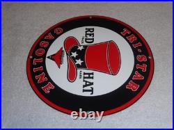 VINTAGE INDEPENDENT OIL & RED HAT GASOLINE With BIRD 11 1/4 PORCELAIN METAL SIGN