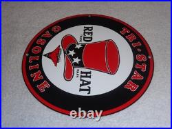 VINTAGE INDEPENDENT OIL & RED HAT GASOLINE With BIRD 11 1/4 PORCELAIN METAL SIGN