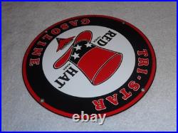 VINTAGE INDEPENDENT OIL & RED HAT GASOLINE With BIRD 11 1/4 PORCELAIN METAL SIGN