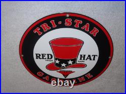 VINTAGE INDEPENDENT OIL & RED HAT GASOLINE With BIRD 11 1/4 PORCELAIN METAL SIGN