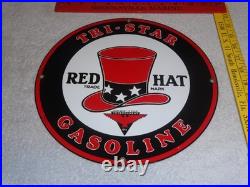VINTAGE INDEPENDENT OIL & RED HAT GASOLINE With BIRD 11 1/4 PORCELAIN METAL SIGN