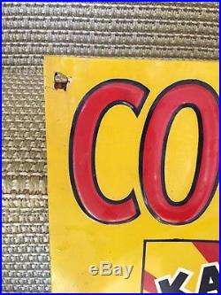 VINTAGE KASCO FEEDS COW PASS Sign embossed tin metal farm feed seed YELLOW RED