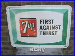 VINTAGE ORIGINAL 7UP First Against Thirst Metal Embossed Sign Soda 1966 NICE