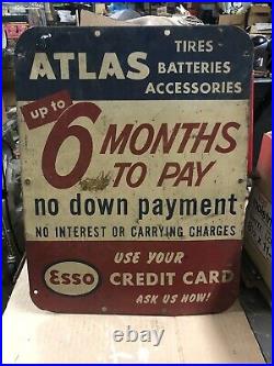 VINTAGE ORIGINAL ESSO ATLAS TIRES 6 Month Credit Card Sign Metal Advertising Tin