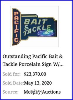 VINTAGE PACIFIC BAIT & TACKLE SHOP With FISH 12 METAL FISHING GASOLINE & OIL SIGN