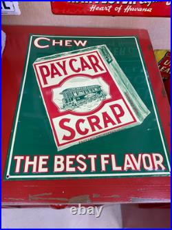 VINTAGE PAY CAR SCRAP TOBACCO EMBOSSED METAL ADVERTISING SIGN, (14x 11) NICE