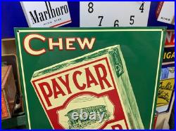 VINTAGE PAY CAR SCRAP TOBACCO EMBOSSED METAL ADVERTISING SIGN, (14x 11) NICE