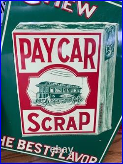 VINTAGE PAY CAR SCRAP TOBACCO EMBOSSED METAL ADVERTISING SIGN, (14x 11) NICE