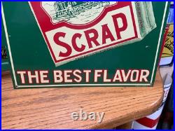 VINTAGE PAY CAR SCRAP TOBACCO EMBOSSED METAL ADVERTISING SIGN, (14x 11) NICE