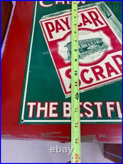 VINTAGE PAY CAR SCRAP TOBACCO EMBOSSED METAL ADVERTISING SIGN, (14x 11) NICE