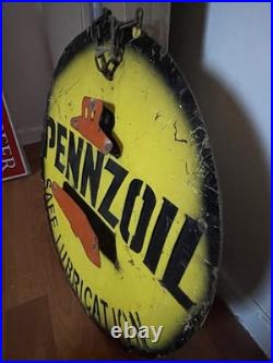 VINTAGE PENNZOIL 24 STORE GAS STATION AUTO SHOP METAL SIGN With CHAIN 1950s RARE