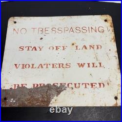 VINTAGE Porcelain NO TRESPASSING Sign STAY OFF LAND Misspell Typo ERROR 12X10