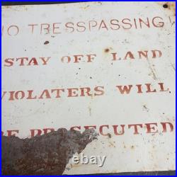 VINTAGE Porcelain NO TRESPASSING Sign STAY OFF LAND Misspell Typo ERROR 12X10