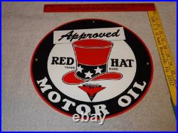 VINTAGE RED HAT GASOLINE With? EAGLE 11 3/4 PORCELAIN METAL INDEPENDENT OIL SIGN