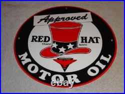 VINTAGE RED HAT GASOLINE With? EAGLE 11 3/4 PORCELAIN METAL INDEPENDENT OIL SIGN