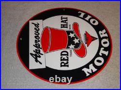 VINTAGE RED HAT GASOLINE With? EAGLE 11 3/4 PORCELAIN METAL INDEPENDENT OIL SIGN