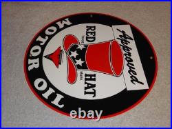 VINTAGE RED HAT GASOLINE With? EAGLE 11 3/4 PORCELAIN METAL INDEPENDENT OIL SIGN