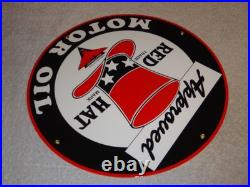 VINTAGE RED HAT GASOLINE With? EAGLE 11 3/4 PORCELAIN METAL INDEPENDENT OIL SIGN
