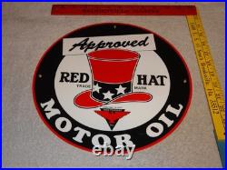 VINTAGE RED HAT GASOLINE With? EAGLE 11 3/4 PORCELAIN METAL INDEPENDENT OIL SIGN