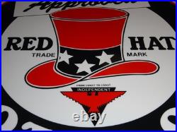 VINTAGE RED HAT GASOLINE With? EAGLE 11 3/4 PORCELAIN METAL INDEPENDENT OIL SIGN