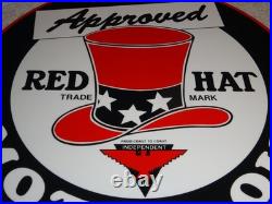 VINTAGE RED HAT GASOLINE With? EAGLE 11 3/4 PORCELAIN METAL INDEPENDENT OIL SIGN