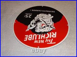 VINTAGE RICHLUBE MONKEY 25 c QUART APE 11 3/4 PORCELAIN METAL GASOLINE OIL SIGN