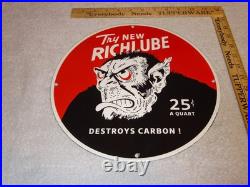 VINTAGE RICHLUBE MONKEY 25 c QUART APE 11 3/4 PORCELAIN METAL GASOLINE OIL SIGN