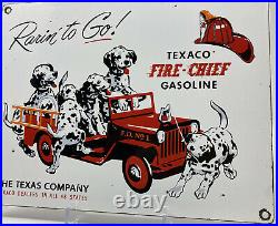 VINTAGE TEXACO FIRE CHIEF GASOLINE With DALMATIAN DOG 12 PORCELAIN METAL OIL SIGN