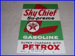 VINTAGE TEXACO SKY CHIEF SUPREME GASOLINE With PETROX 18 PORCELAIN METAL OIL SIGN