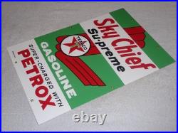 VINTAGE TEXACO SKY CHIEF SUPREME GASOLINE With PETROX 18 PORCELAIN METAL OIL SIGN VINTAGE TEXACO SKY CHIEF SUPREME GASOLINE With PETROX 18 PORCELAIN METAL OIL SIGN