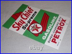 VINTAGE TEXACO SKY CHIEF SUPREME GASOLINE With PETROX 18 PORCELAIN METAL OIL SIGN