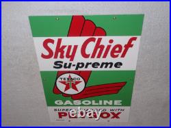 VINTAGE TEXACO SKY CHIEF SUPREME GASOLINE With PETROX 18 PORCELAIN METAL OIL SIGN