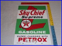 VINTAGE TEXACO SKY CHIEF SUPREME GASOLINE With PETROX 18 PORCELAIN METAL OIL SIGN