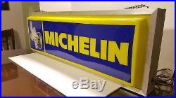 VTG AD MICHELIN MAN TIRE DOUBLE SIDED 36 LIGHTED METAL SIGN WORKS Yellow Blue