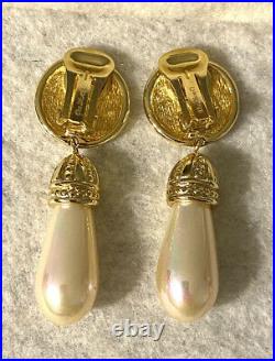 VTG Christian Dior Gold Logo Medallion Clip On Earrings Drop Dangle Pearl SIGNED