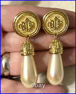 VTG Christian Dior Gold Logo Medallion Clip On Earrings Drop Dangle Pearl SIGNED