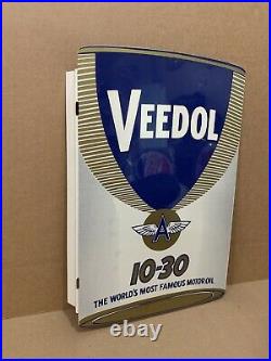 Veedol Oil Flange Sign Vintage Original Flying A NOS Double Sided Gas Metal