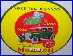 Vintage 1898 Ford Vehicle & 1929 Model T Use Mobil Mobiloil Porcelain Metal Sign