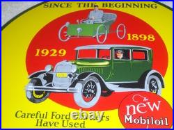 Vintage 1898 Ford Vehicle & 1929 Model T Use Mobil Mobiloil Porcelain Metal Sign