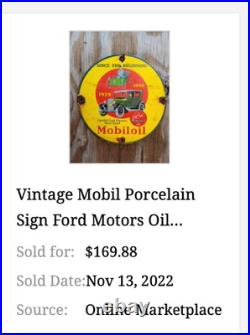 Vintage 1898 Ford Vehicle & 1929 Model T Use Mobil Mobiloil Porcelain Metal Sign