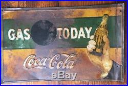 Vintage 1920'S EMBOSSED Coca Cola COKE Gas Metal Advertising Sign OIL