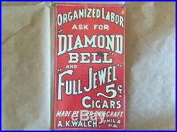 Vintage 1920's AK Walch Diamond Bell Full Jewel 5c Cigar Tobacco 14 Metal Sign