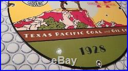 Vintage 1928 Texas Pacific Coal & Oil + Indian 12 Porcelain Metal Gasoline Sign