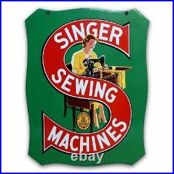 Vintage 1930's Singer Sewing Machine Porcelain Metal 2-Sided Sign EXCELLENT COND