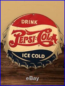 Vintage 1930s Pepsi Cola Soda Pop Bottle Cap Gas Station 13 Embossed Metal Sign
