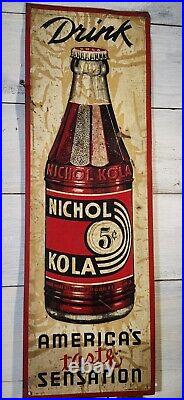 Vintage 1936 Drink Nichol Kola Cola Bottle Embossed Metal Sign 24x8 inches