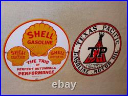 Vintage 1936 Shell & Texas Pacific Motor Oil & Gasoline Porcelain Metal Sign Lot